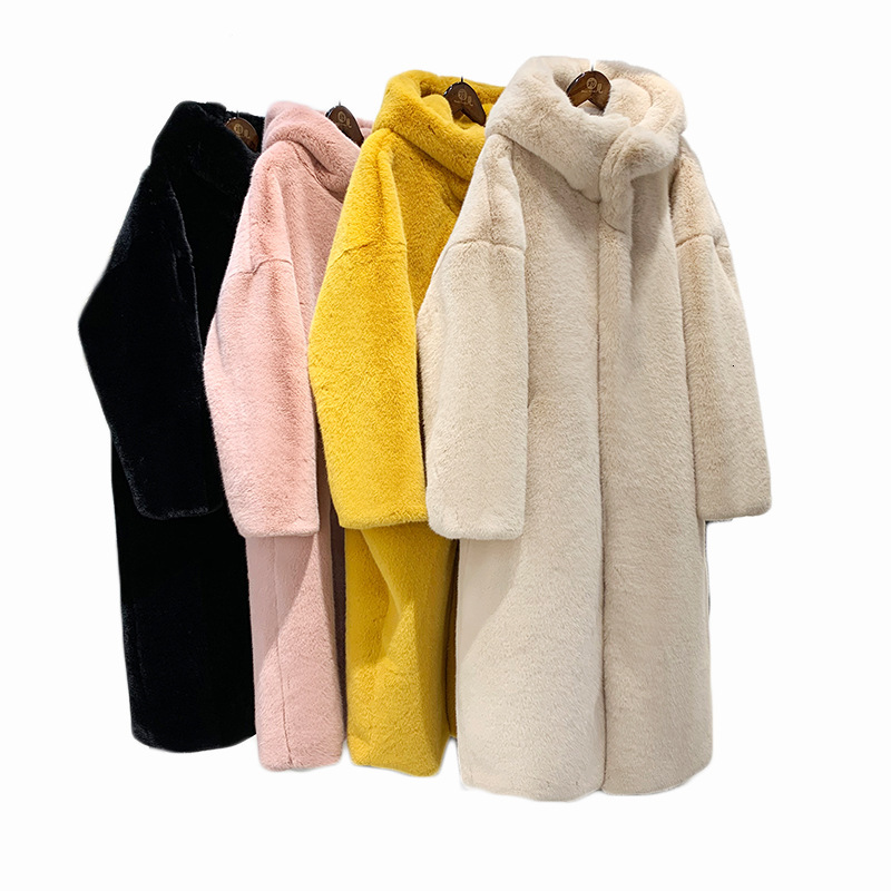 

2021 New Women Hot Winter Fur of the Fake Thick Long Leather Jacket with Hood Warm Female Coat 013p, Beige