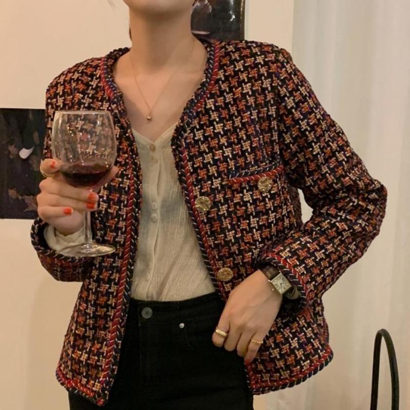 

Elegant small fragrance Edge weave tweed jacket women o-neck diamond single breasted top jacket, Black
