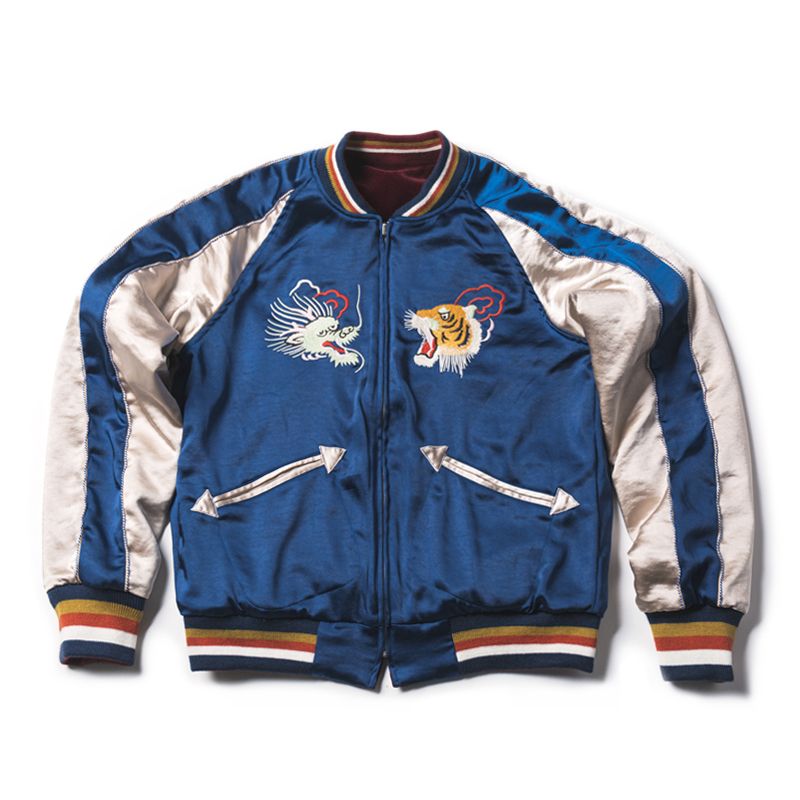 

No stock Japanese sukajan reversible bomber memory jacket men old school embroidered KLJK, Blue