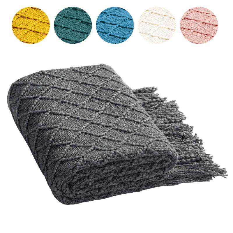 

Office Lightweight Living Room Grid Couch With Tassels For Sofa Bed Sleeping Acrylic Knitted Soft Cozy Home Decor Throw Blanket