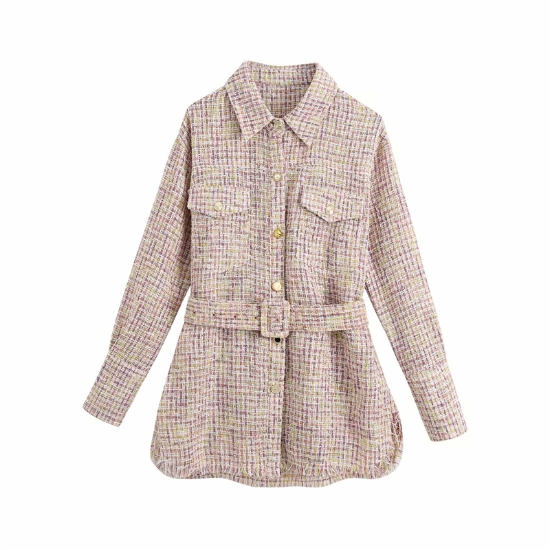 

2021 New Elegant Pink Female Tweed Fashion Ladies Pocket Jackets with Sash Sweet Girlie Outerwear Chic Girls 338O