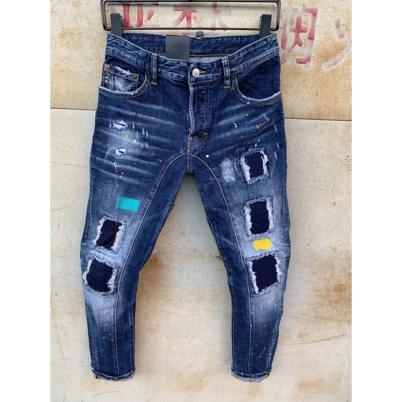 Mens Rips Stretch Black Jeans Fashion Slim Fit Washed Motocycle Denim Pants Panelled Hip HOP Trousers P4PX