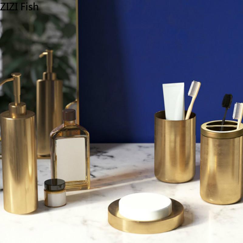 

Stainless Steel Bathroom Supplies Lotion Bottle Toothbrush Cup Toothbrush Holder Soap Dish Four-piece Set Bathroom Accessories