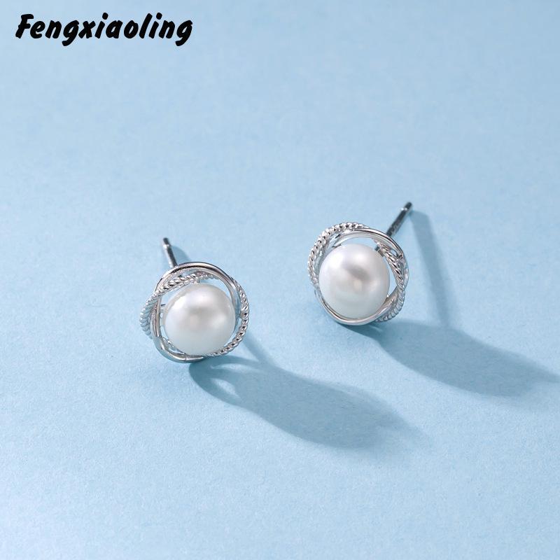 

Fengxiaoling 100% 925 Sterling Silver Irregular Round Freshwater Pearls Stud Earrings For Women Fine Jewelry Cute Accessories