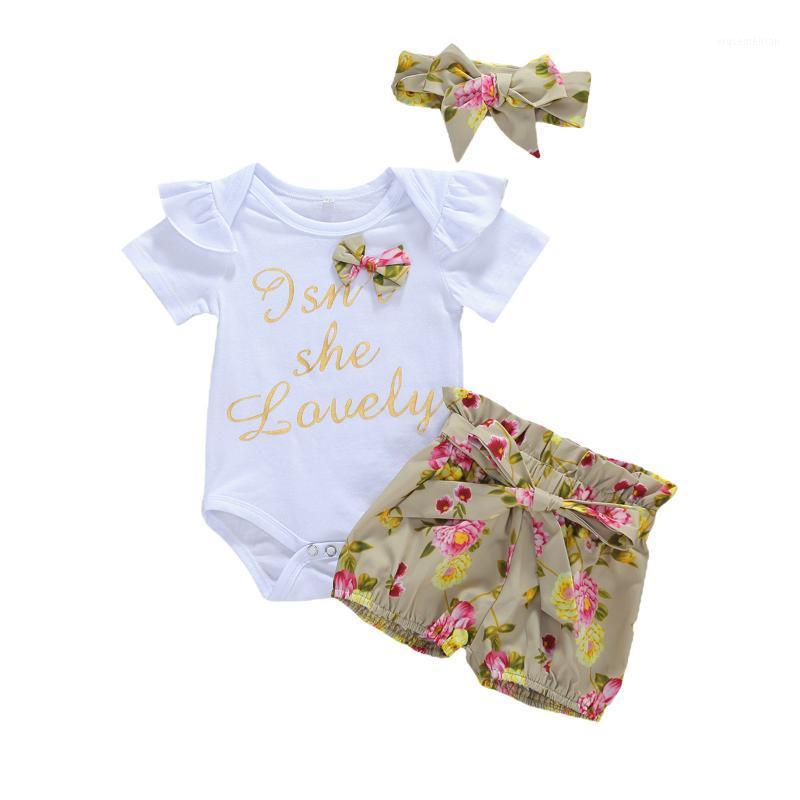 

2020 Summer Baby Girls Clothing Set Toddler Round Neck Short Sleeve Romper + Floral Print Shorts + Headband 0-18M Clothes Set1, As pic