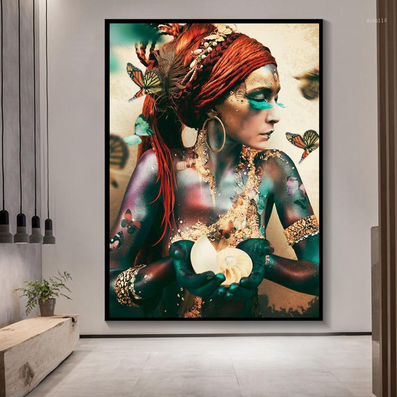 

African Art Black and Gold Woman Painting Canvas Posters and Prints Scandinavian Wall Butterfly Art Picture for Living Room1