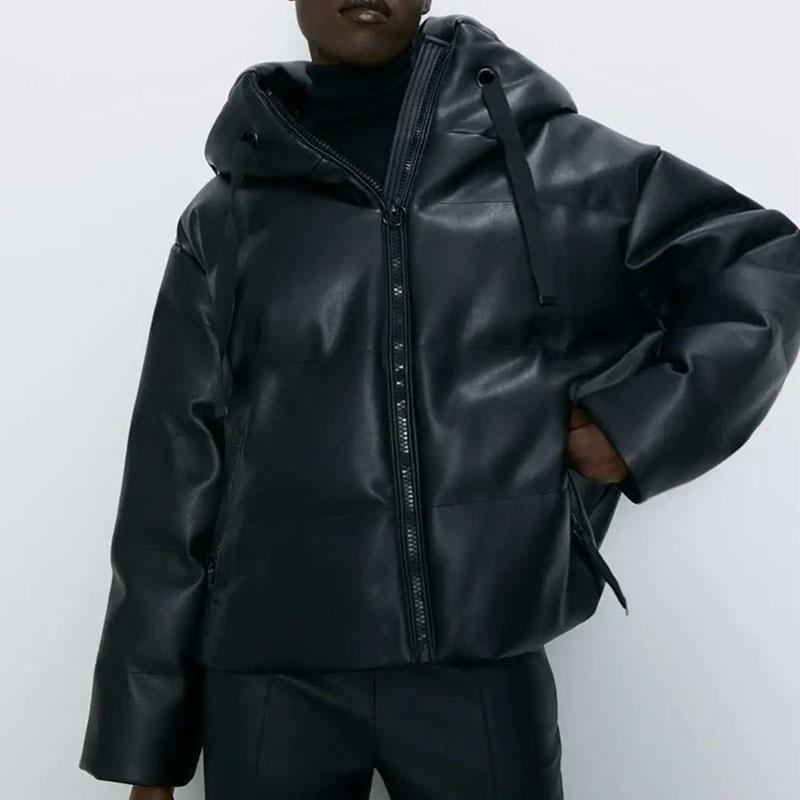

Winter Hooded Solid color High Quality Casual Women Cotton-Padded Jacket Lrge Size Women Cotton Leather jacket Outerwear JK276, Black