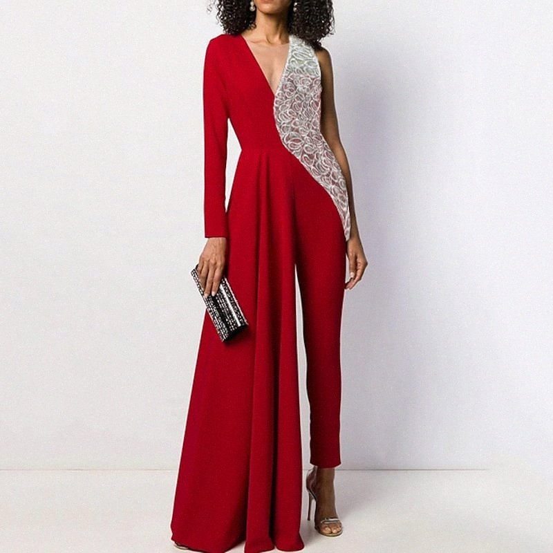 

women's Elegant Formal Wedding Evening Party Club V Neck 2022 White Black Red Jumpsuit Solid Color / Wide Leg 83T2#