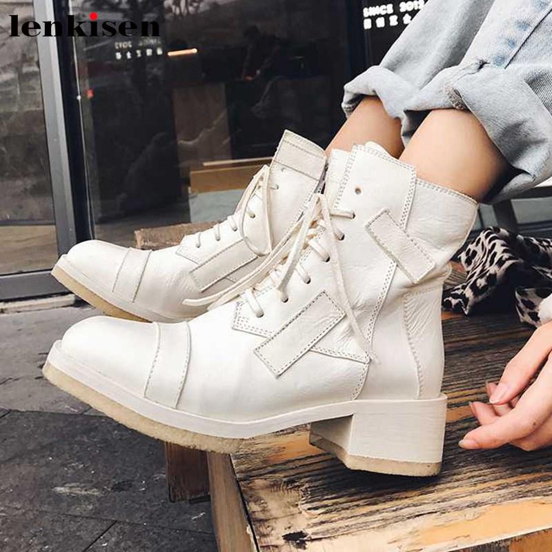 

Lenkisen hot popular cow leather boots round toe med heels solid winter streetwear warm women lace up ankle boots L47, Black
