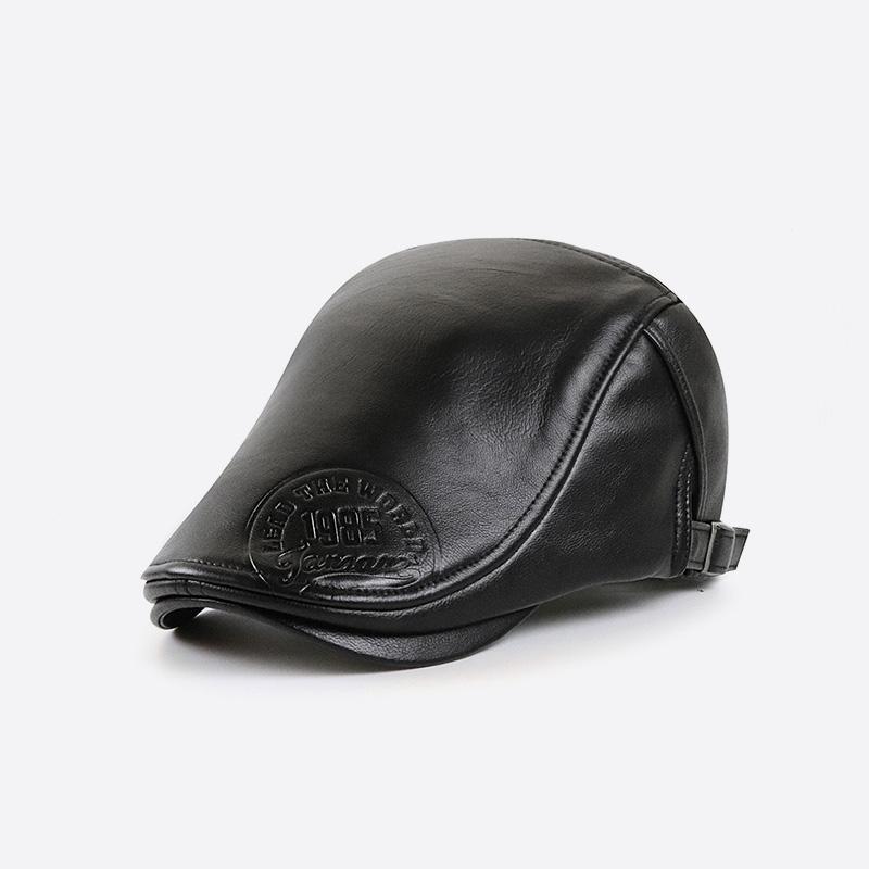 

JAMONT PU Leather Newsboy Cap Winter Berets Male Warm Visors Cap Fashion Letter Snapback Caps for Men Bone Gorras Casquette, Black