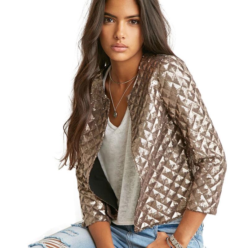 

2020 Brand New Spring Style Vogue Lozenge Women Gold Sequins Jackets Three quarter sleeve Fashion Coats Outwears