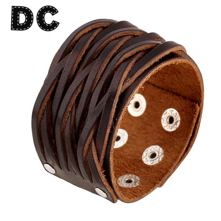 

Tennis Brown Wide Genuine Leather Wrap Bangles Punk Rock Vintage Men Bracelets Double Studded Braided Bracelet Jewelry