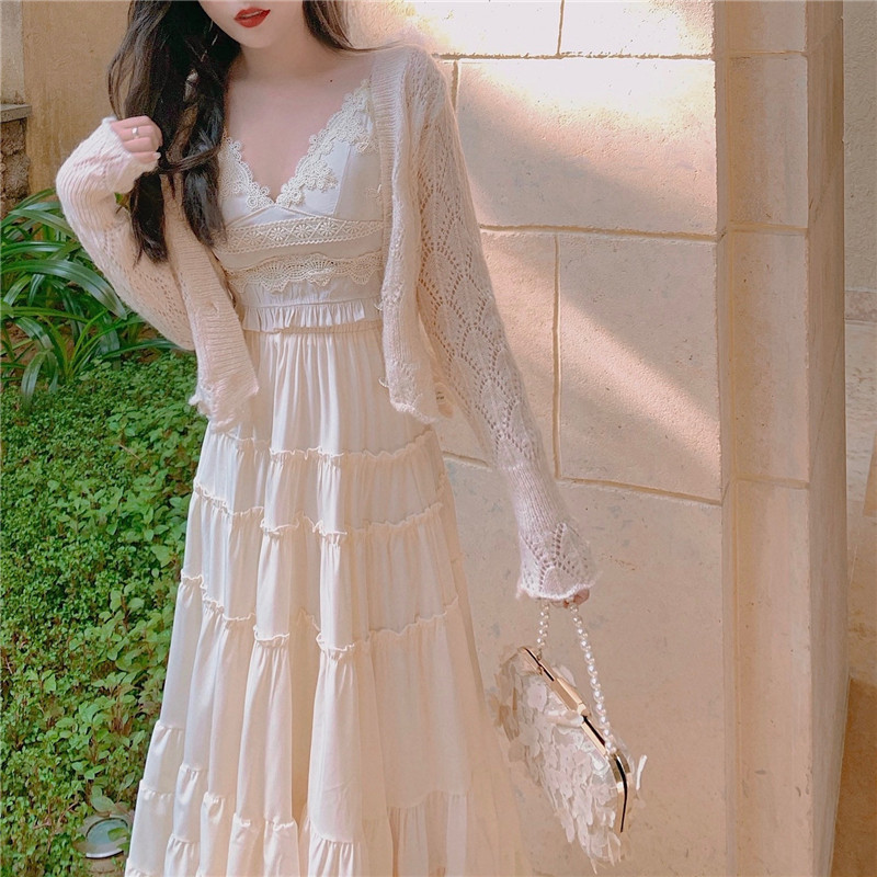 

2021 New Portrait 3 Parts for Women Will See Padded Lace T-shirt Waist Skirt High Balance Sheet Cardigan Fine Mesh Matching Summer 5F7L, Only camis.