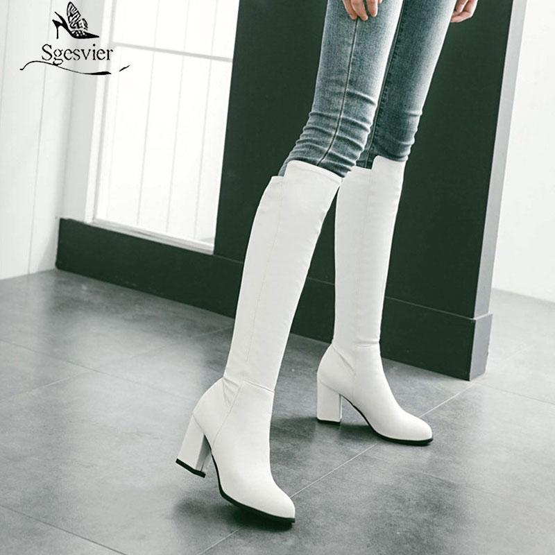 

Sgesvier Fashion White Black Elastic Pu Leather Block High Heel Knee High Boots Women Autumn Winter Woman Shoes Long Boots