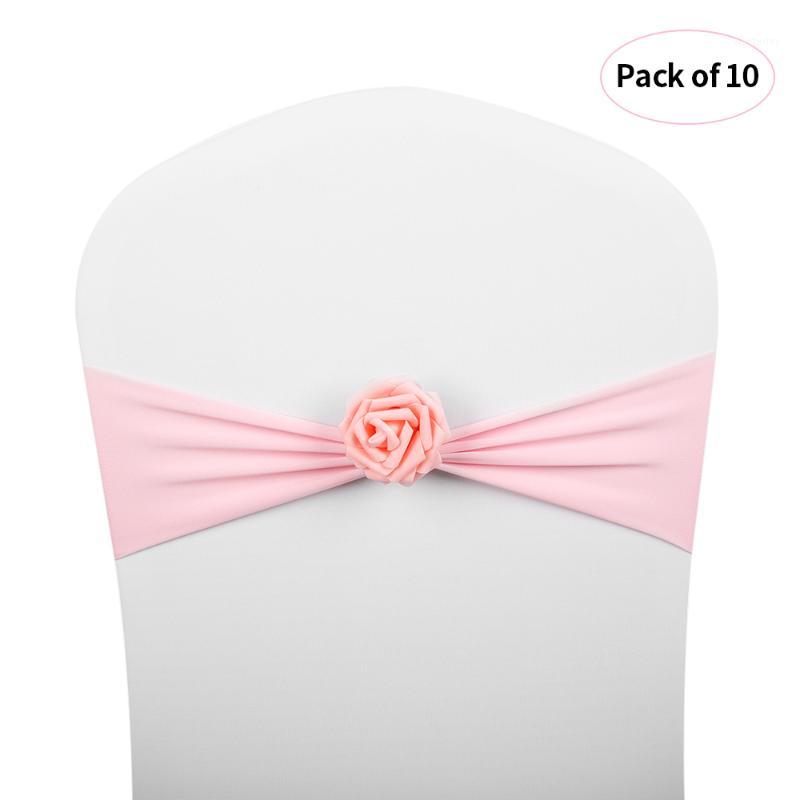 

10pcs Wedding Decoration Chair Sashes Bows Elastic Chair Sash Decor Covers with Pink Flower Wedding Party Banquet Supplies1
