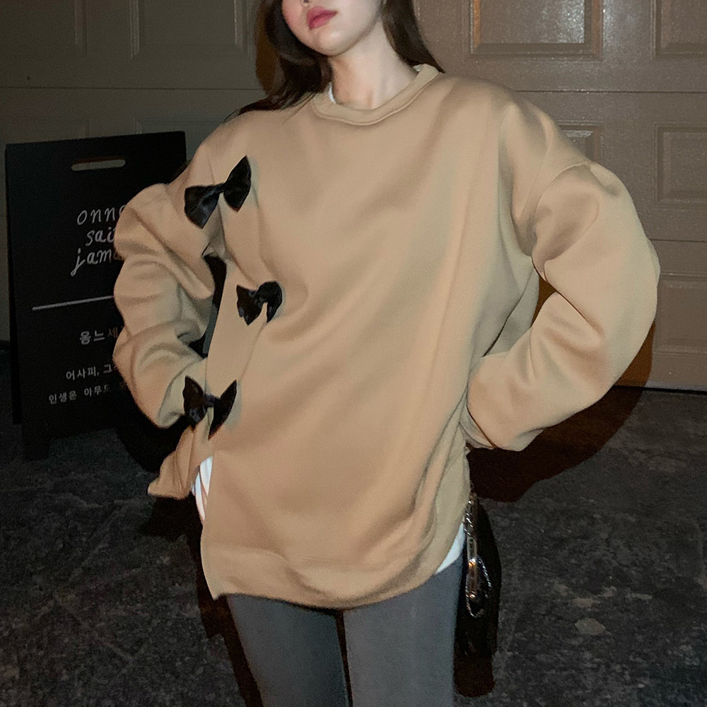 

2021 New Korean Version Hoodie Spring Autumn Fashion Loose Bowknot Hem Slit Round Neck Long Sleeve Coat 8787, Khaki