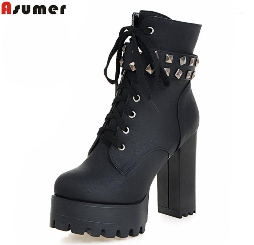 

ASUMER large size 2020 popular classic thick heel round toe ankle boots sexy platform high heels solid lace up women boots1, Black