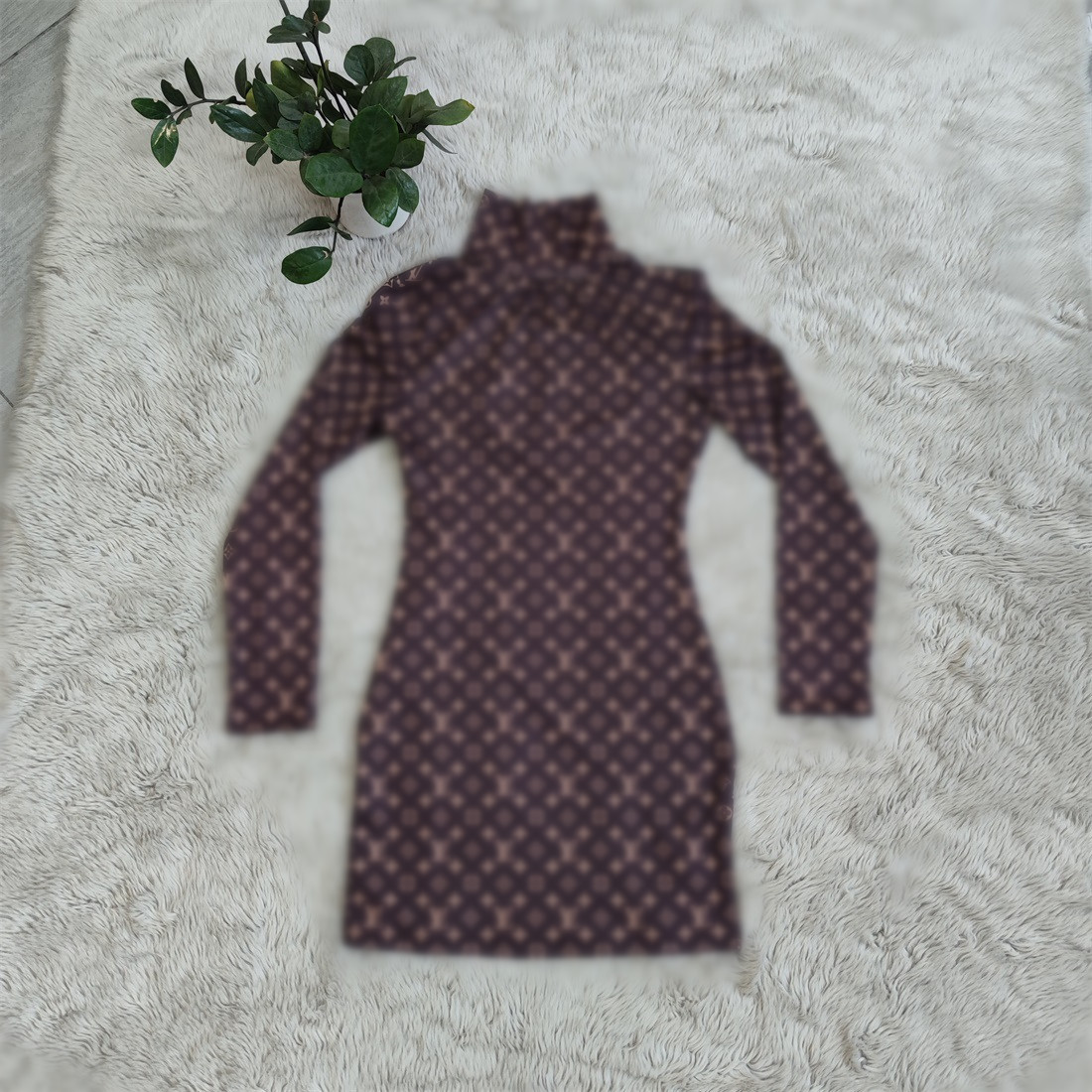 

56J2424 European and American cross-border women's fashion trend printing sexy printed slim dress with hip spot, Coffee color