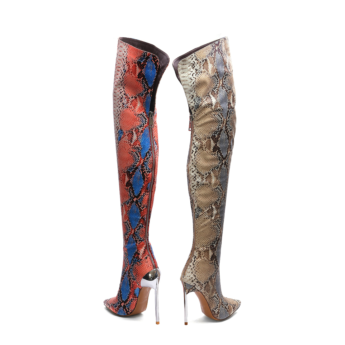 

Ins hot woman long plus size 22-27.5cm colored snake microfibre on the knee female winter boots super high heels XFD7, Beige