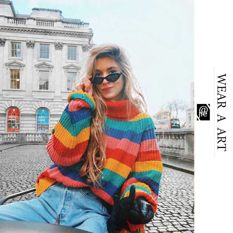 

Womens Large Size Sweater Fashion Girls Color Striped Coat Famale Knit Pullover Thickened Sweaters Autumn Winter Warm Clothes Spring Autumn, Full colour