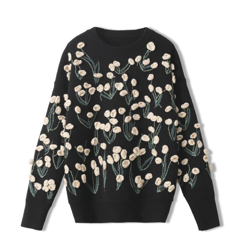 

Rough Autumn Female Sweater 2021 New Hand Crocet 3d Floral Pullover Three-dimensional Flower Embroidered Sweet Topos P2057 2nm4, Black