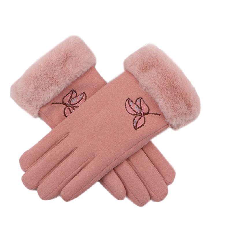 

Women Winter Driving Touch Screen Gloves Leaves Embroidery Plush Lined Mittens D0JD