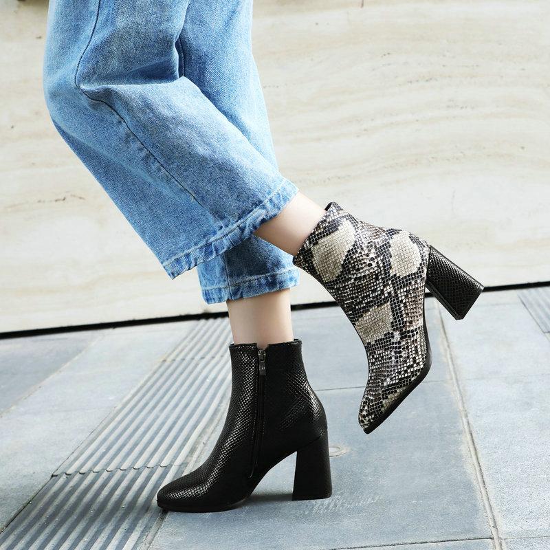 

Snake Pu Leather Fashion Autumn Winter Women Boots Square High Heel Pointed Toe Women Boots Mixed Color Zipper Party Ladies Boot, Brown