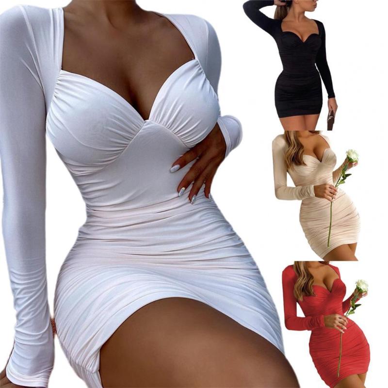 

Casual Dresses Autumn Women's Vintage Bodycon Mini Dress Solid Color V Neck Lady Above Knee Length Folds Clothing, Black;gray