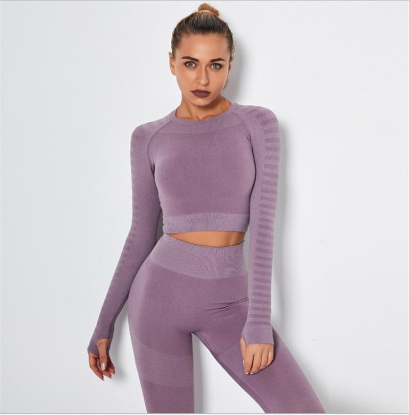 

2020 new seamless striped yoga fitness long sleeve top quick-drying running sports stretch slim long sleeve yoga suit DS85, Pink pants