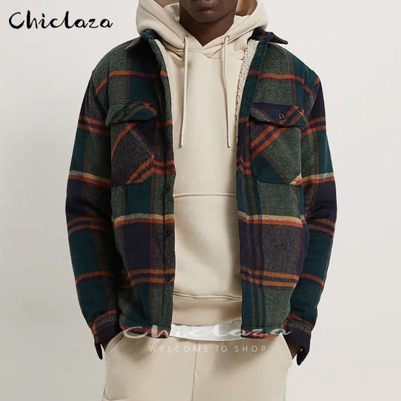 

Plaid Jaet Mens Autumn Winter Casual Fleece Warm Slim Fit Shirt Coats Male, Color 1