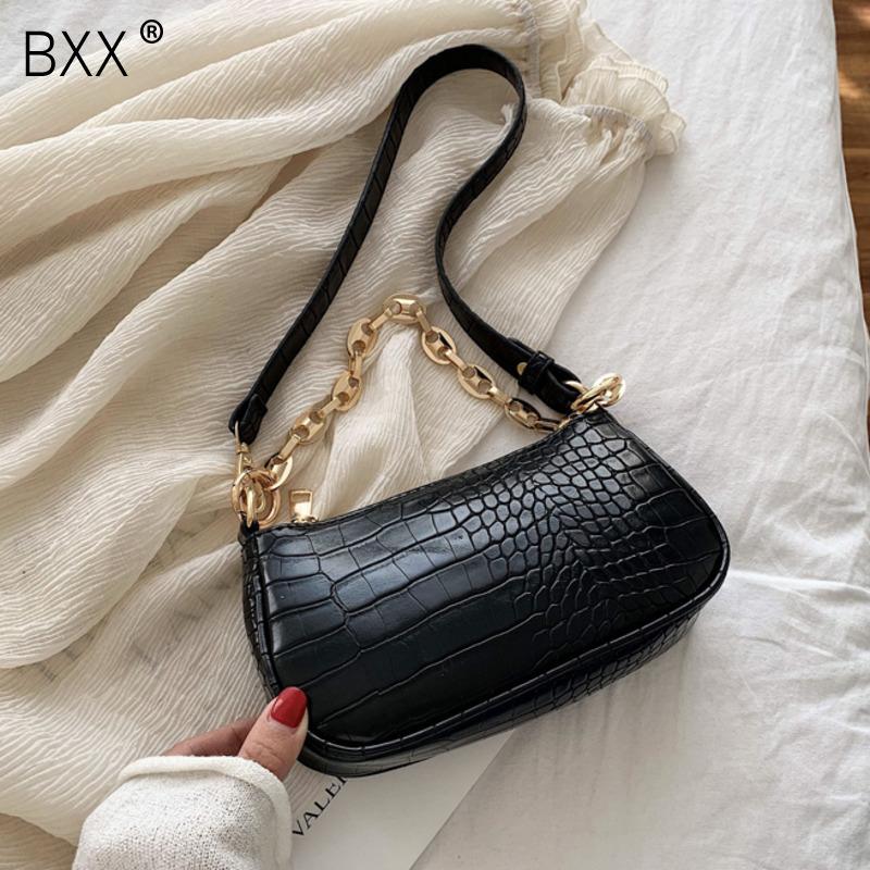 

[BXX] Stone Pattern PU Leather Shoulder Bags For Women 2021 Chain Design Crossbody Handbags Lady Travel Fashion Hand Bag HL961, Black