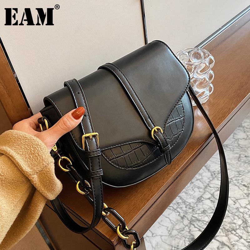 

[EAM] Women New Black Saddle Quality PU Leather Flap Personality All-match Crossbody Shoulder Bag Fashion Tide 2021 18A1219