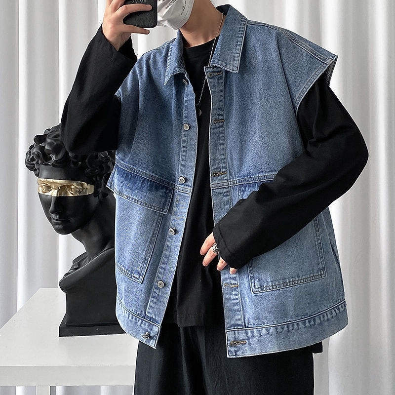 

2021 Spring Denim Korean-style Male Jacket Retro-tide Student Work Done with Gilet Blue Vest Tools HK62 NBW6, Black