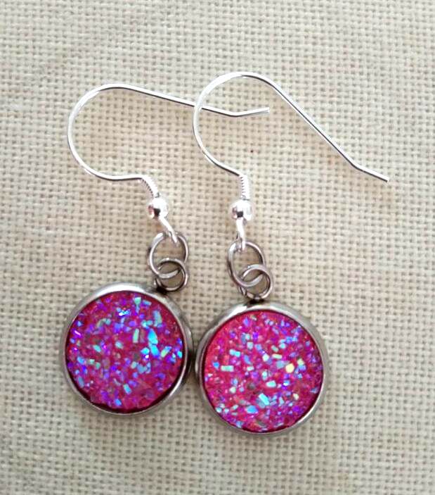 

New Nice handmade resin round drop/dangle druzy earring stainless steel Tone wholesaling resin stone earring for lady gift trendy simple, Silver