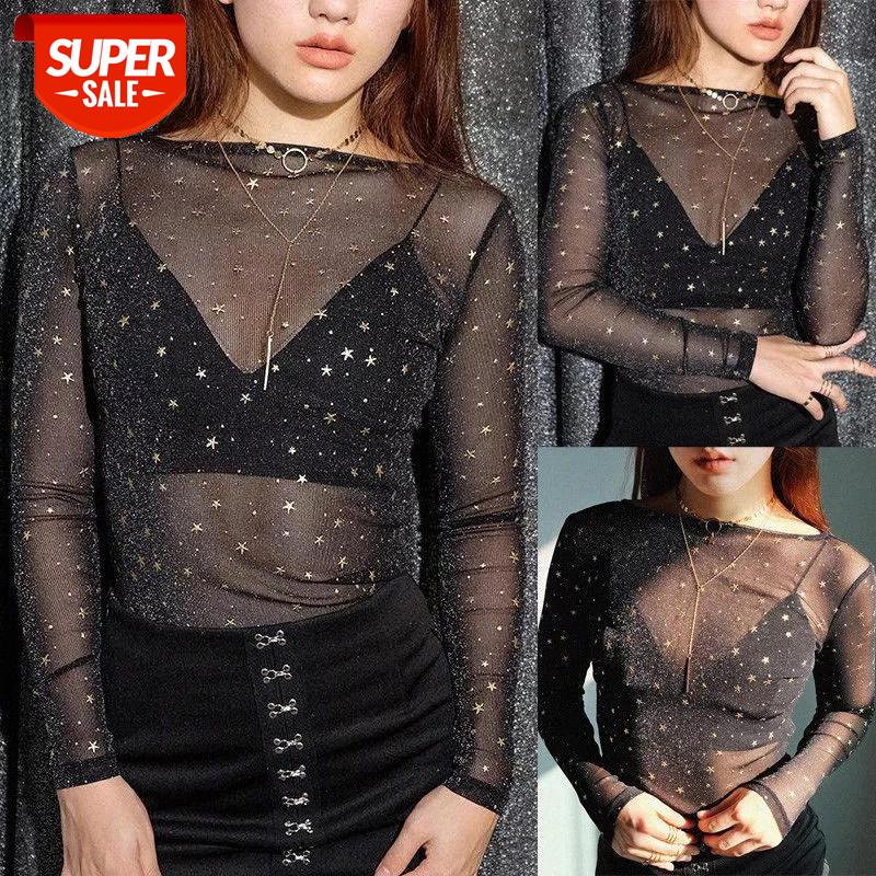 

Summer New Elegant Ladies Star Printed Long Sleeve Slim T-Shirt Tops Women Sexy Fashion See through Mesh Bodycon Black Shirt #BG72, White