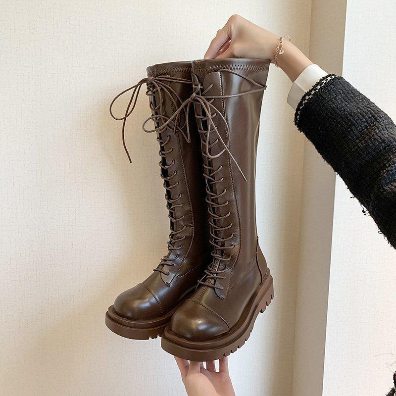 

Black Brown Knee High Boots Platform Women Shoes Lace Up Thigh High Boots Knee Winter Chunky Motorcycle Femmes Bottes1