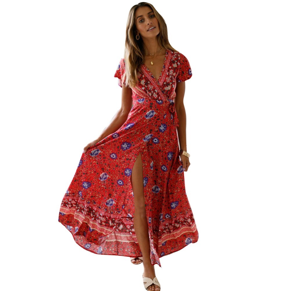 

2021 New Sexy V-neck High Split Bohemian Women Summer Floral Print Short Sleeve Boho Beach Maxi Zdfz, Navy blue