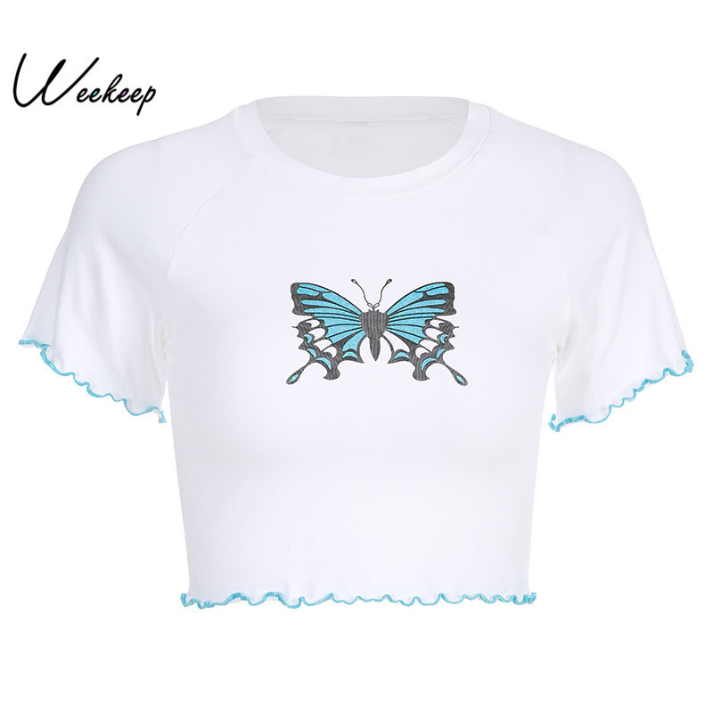 

Weekeep Women White Butterfly Print t shirt Knitted O-neck Short Sleeve t-shirt Summer Cropped Bodycon Tee Shirt Femme Tops Y200111