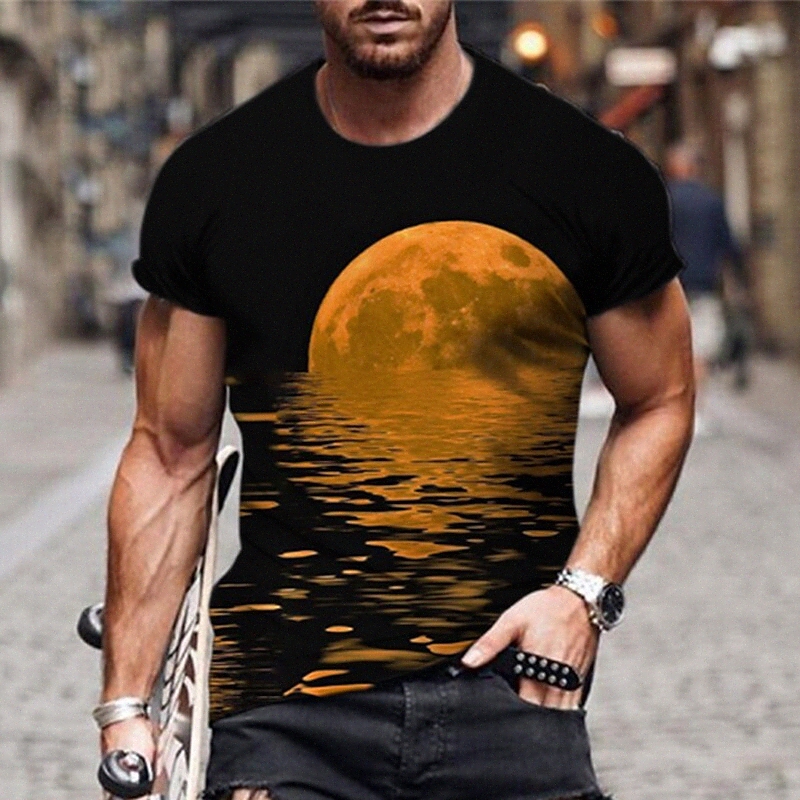 T-shirt unisexe masculin 3D imprimé graphique imprimé de lune Créville vacances quotidienne imprimé à manches courtes à manches décontractées gra