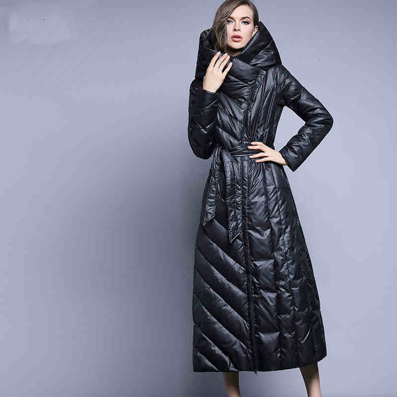 

New 7xl Winter Plus Size Duck Down Jacket Thin Lady' Office Parka Long Maxi Thick with Hood Outerwear Snow Coat Warm Party Jackets R4vo, Black