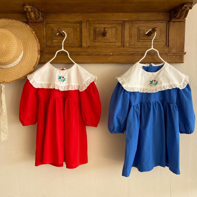 

2021 New Girls O-neck Solid Color Cotton Loose Long Sleeve Lapel Embroidery Princess Children's H4hb, 2131red