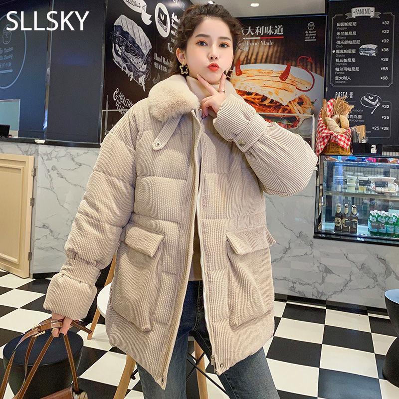 

SLLSKY Women's Corduroy Padded Jacket 2021 Winter Loose Faux Fur Collar Thicken Warm Short Casual Korean Padded Jacket, Black
