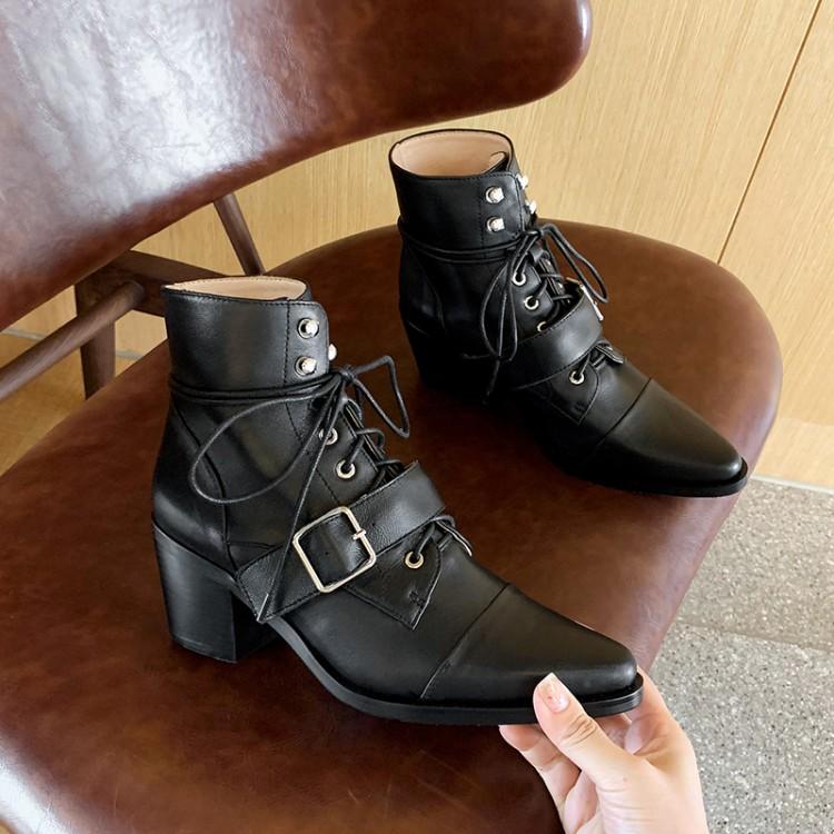 

Chunky Heel Ankle Boots Leather Strap Buckles Short Boots Pointed Toe Punk Laces Shoes Genuine Leather Brand Fashion Shoes, Black