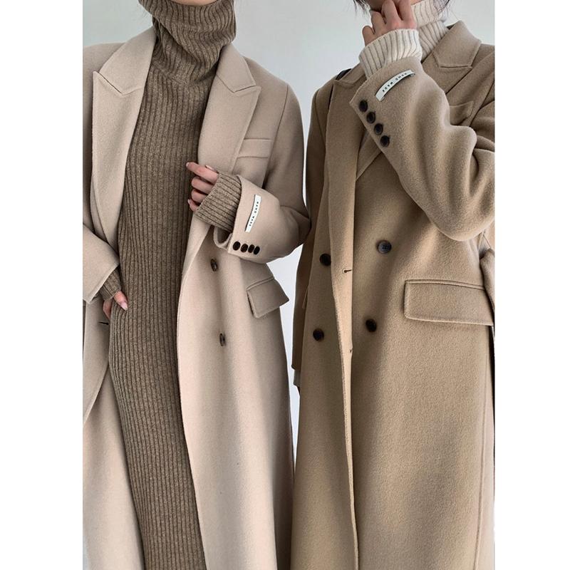 

Elegant Women Double Breasted Wool Coat 2020 New Autumn Winter Long Sleeve Korean Long Woolen Coats Ladies Fashion Outwear, Khaki