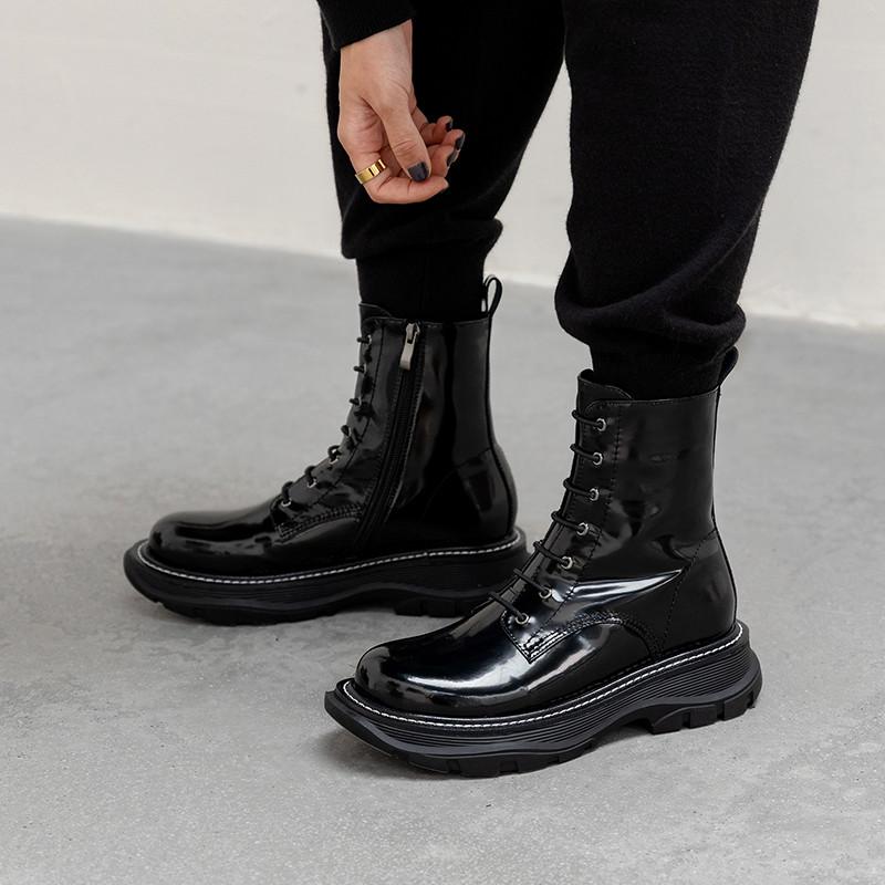 

2020 New Winter Cow Leather Snow Boots Fur Warm Zip Flat Platrorm Ankle Riding Booties Cross-Tied Black Ladies Shoes Size 34-42