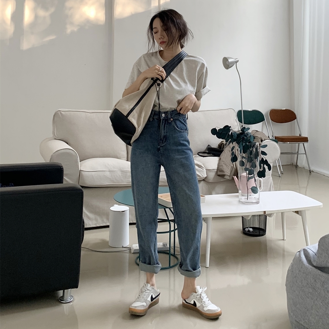 

2021 New Harem Vintage High Waist Woman Boyfriends Women's Full Length Mom Jeans Cowboy Denim Pants Vaqueros Mujer Hpfz, Blue