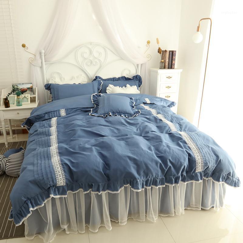 

100%cotton simple lace princess bedding set 3/4pcs  full queen king size ruffles bed skirt set free shipping MR1