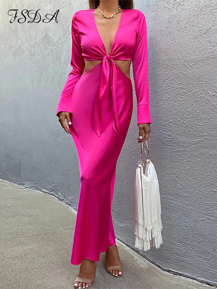 

Casual Dresses FSDA V Neck Midi Satin Dress Women Long Sleeve Hollow Out 2022 Autumn Winter Y2K Green Party Elegant Sexy Club, Black;gray