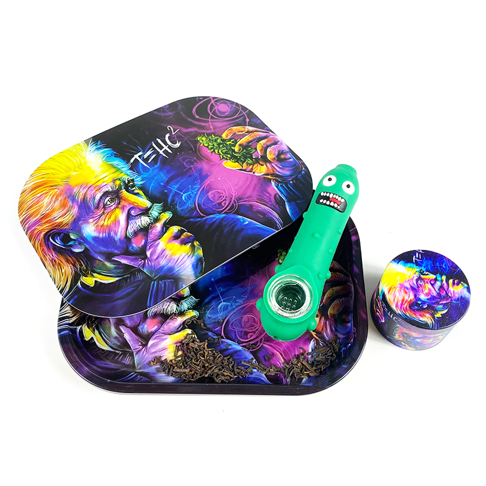 

Tinplate Rolling Tray Magnetic Lid Smoking Accessories 18x14cm Einstein Pattern Herb Tobacco Grinder Set 50mm Zinc Alloy Species Crusher