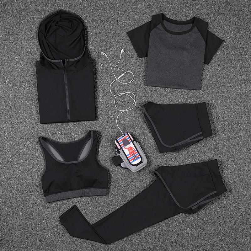 

New Women Yoga Sport Suit Bra Set Female Short-sleeved Summer Sportswear Running Quick Dry Fitness Training Clothing, Rose red 5pcs set